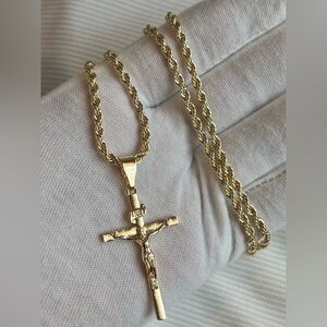 Medium Size Cross Pendant With Rope Chain , Religous Jewelry , Gold Plated Chain
